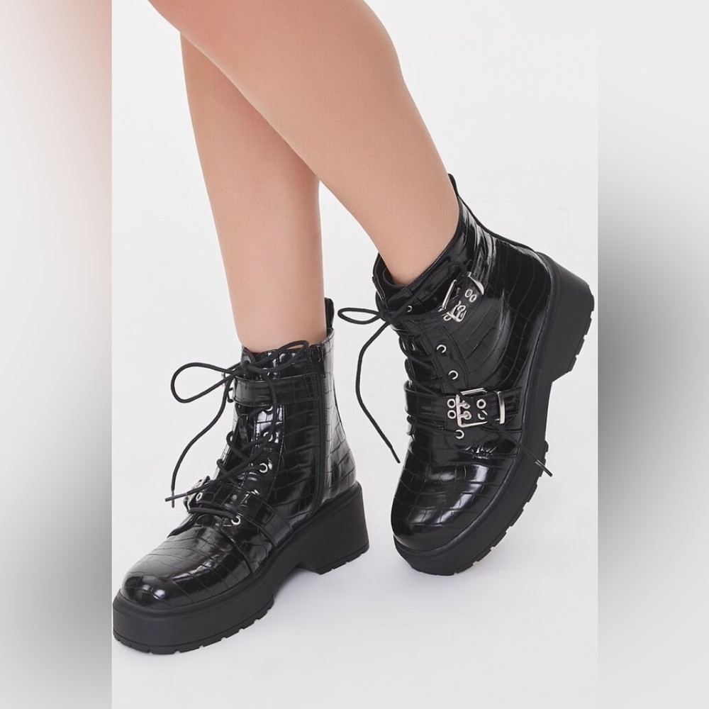 Faux Croc Leather Buckled Booties